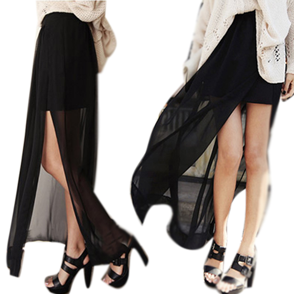 Modern Ladies See Through Maxi Long Skirt Pleated Sheer High Side ...